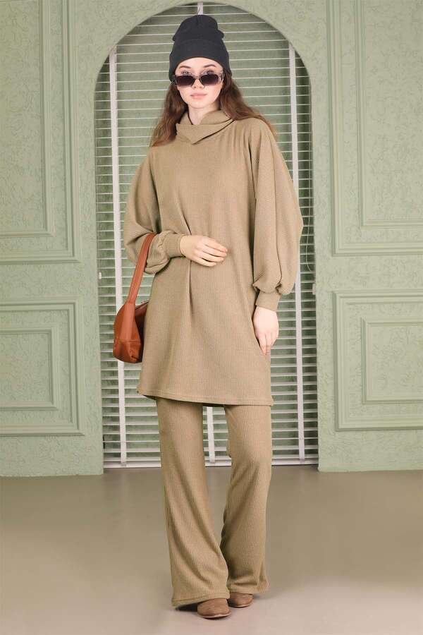 Throated Knitwear Spanish Suit Beige - 5