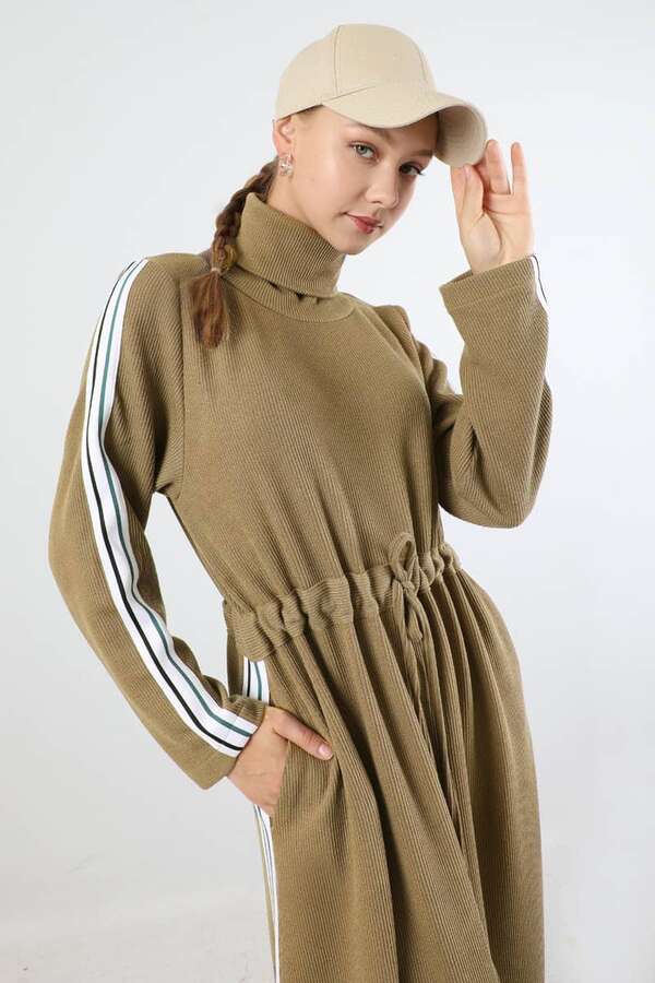 Boğazlı Triko Elbise Camel - 2