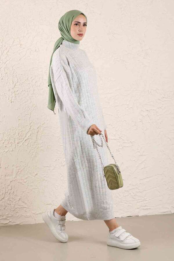 Boğazlı Triko Elbise Gri - 4