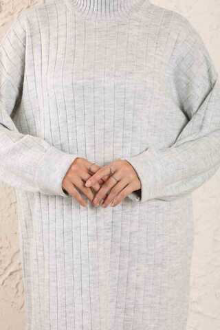 Boğazlı Triko Elbise Gri - 6