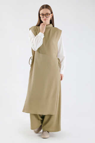 Boğazlı Triko Uzun Yelek Takım Camel - 1