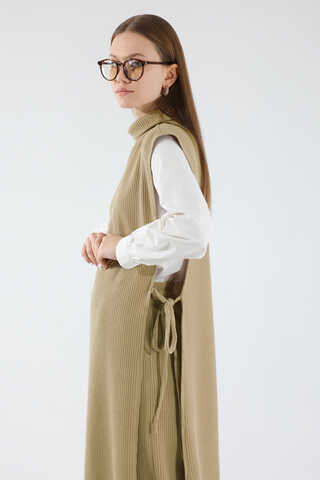 Boğazlı Triko Uzun Yelek Takım Camel - 2