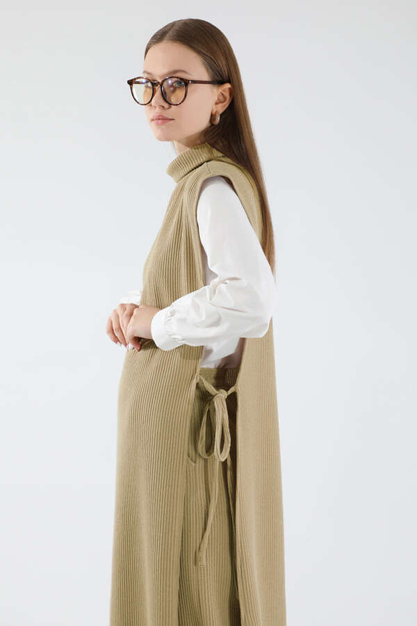 Boğazlı Triko Uzun Yelek Takım Camel - 2