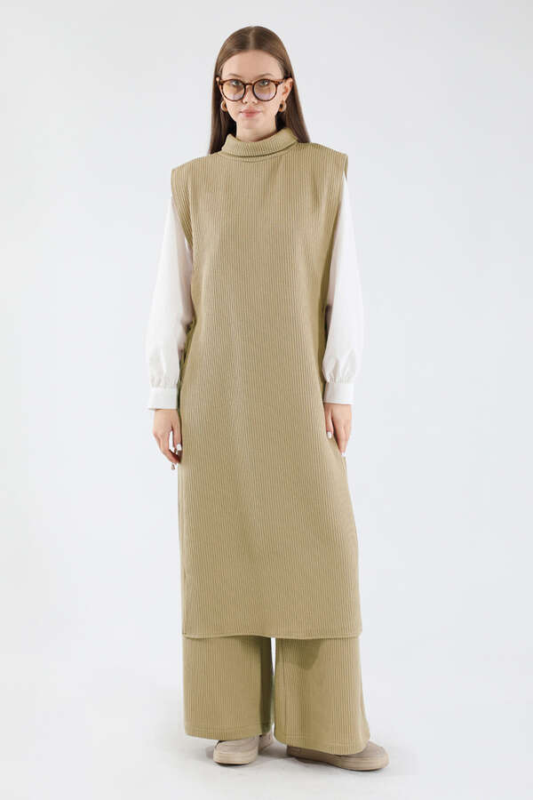 Boğazlı Triko Uzun Yelek Takım Camel - 3