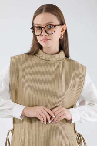 Boğazlı Triko Uzun Yelek Takım Camel - 4