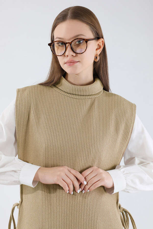 Boğazlı Triko Uzun Yelek Takım Camel - 4