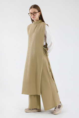 Boğazlı Triko Uzun Yelek Takım Camel - 5