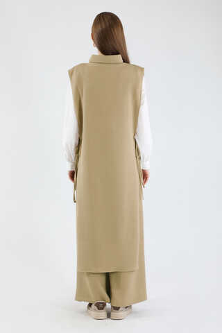 Boğazlı Triko Uzun Yelek Takım Camel - 6