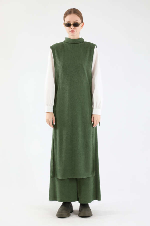 Boğazlı Triko Uzun Yelek Takım Haki - 1