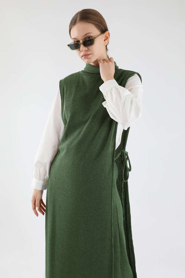 Boğazlı Triko Uzun Yelek Takım Haki - 2