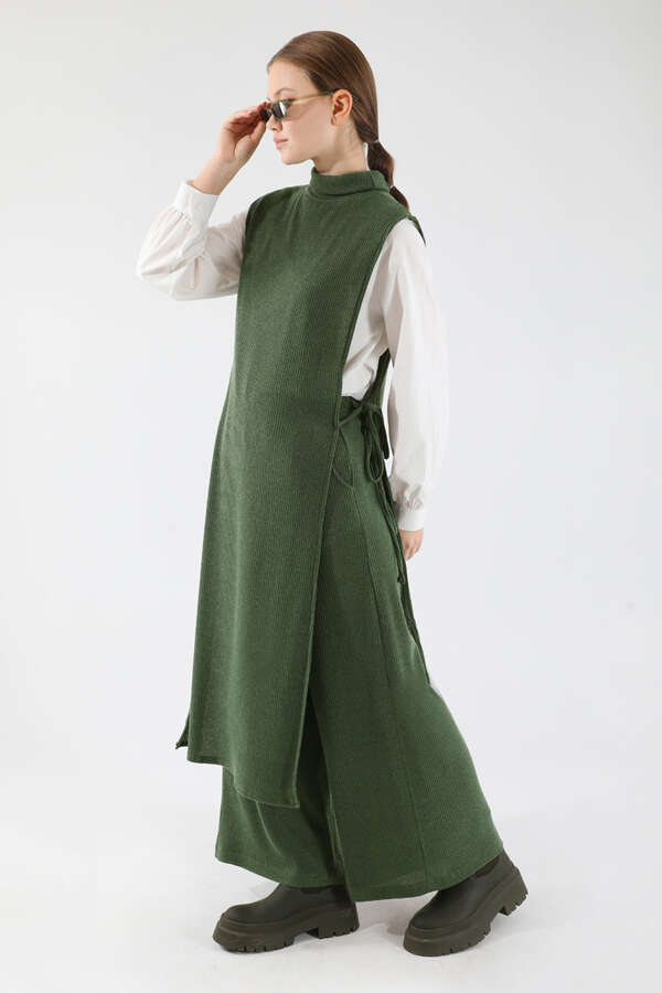 Boğazlı Triko Uzun Yelek Takım Haki - 3