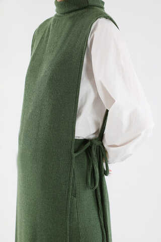 Boğazlı Triko Uzun Yelek Takım Haki - 4