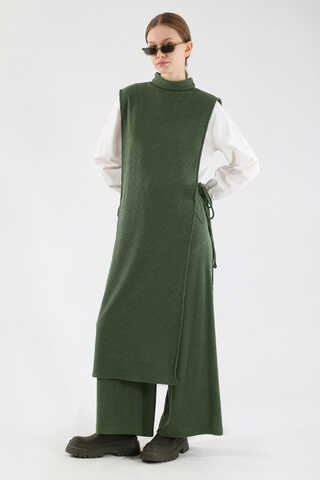 Boğazlı Triko Uzun Yelek Takım Haki - 5