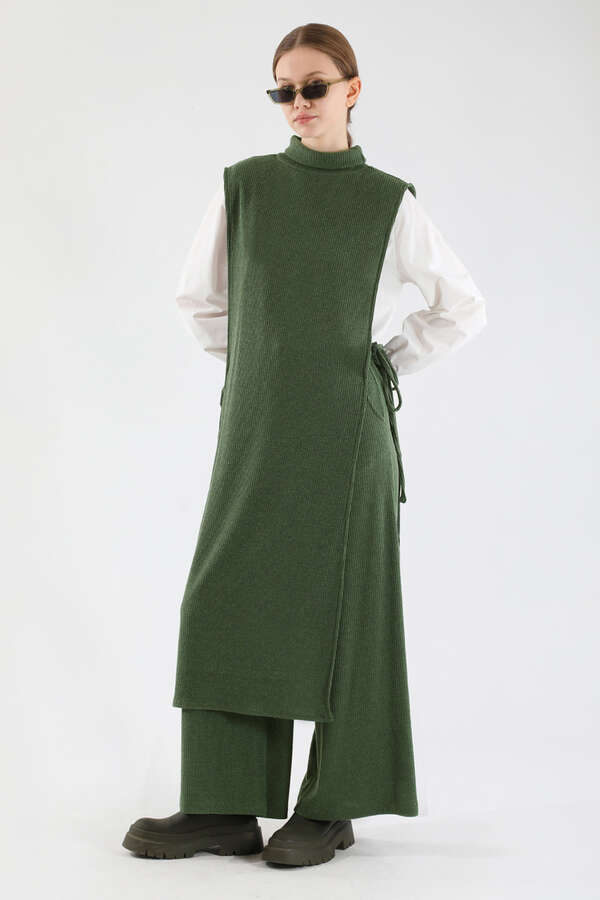 Boğazlı Triko Uzun Yelek Takım Haki - 5