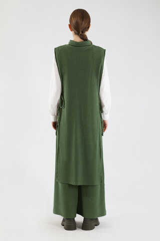 Boğazlı Triko Uzun Yelek Takım Haki - 6