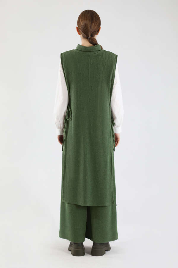 Boğazlı Triko Uzun Yelek Takım Haki - 6