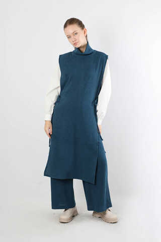 Boğazlı Triko Uzun Yelek Takım İndigo - 1