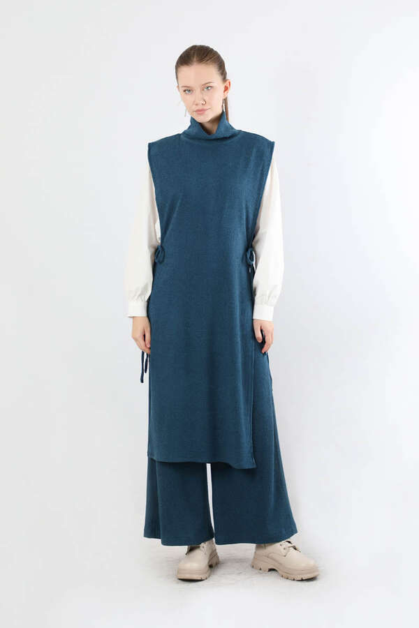 Boğazlı Triko Uzun Yelek Takım İndigo - 5