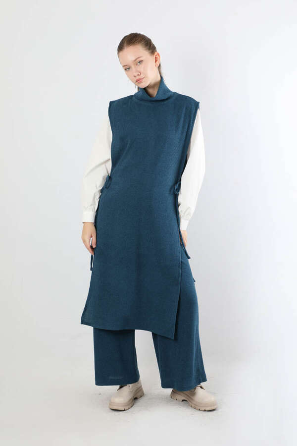 Boğazlı Triko Uzun Yelek Takım İndigo - 1