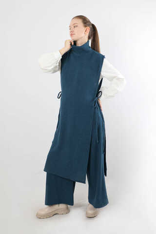 Boğazlı Triko Uzun Yelek Takım İndigo - 3