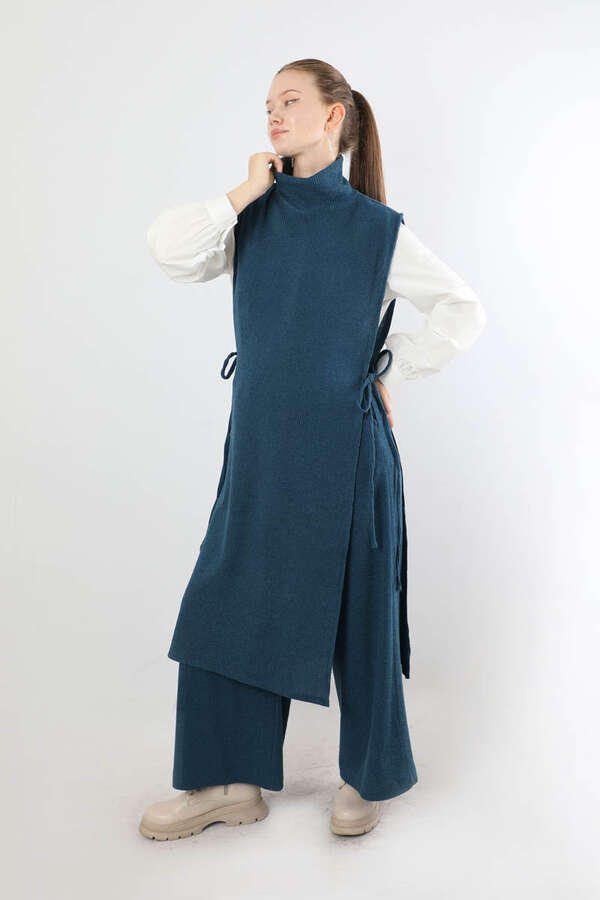 Boğazlı Triko Uzun Yelek Takım İndigo - 3