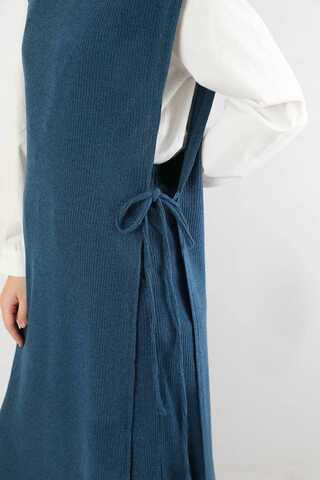 Boğazlı Triko Uzun Yelek Takım İndigo - 4