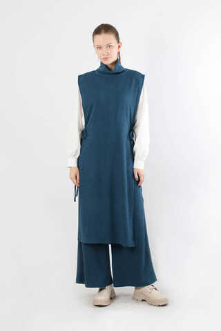 Boğazlı Triko Uzun Yelek Takım İndigo - 5