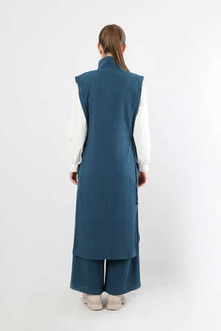 Boğazlı Triko Uzun Yelek Takım İndigo - 6