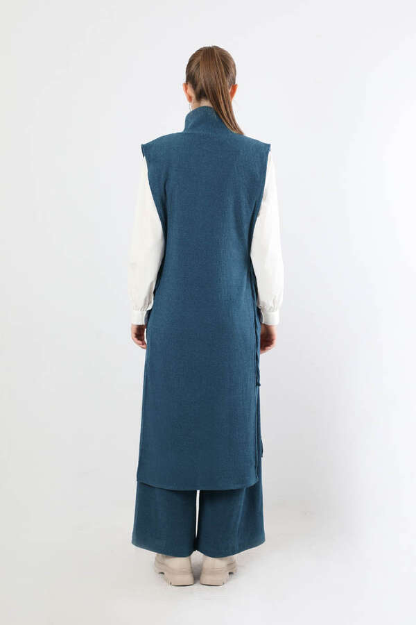 Boğazlı Triko Uzun Yelek Takım İndigo - 6