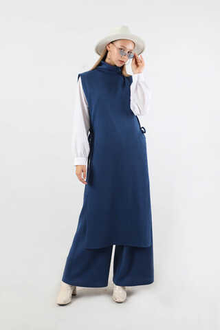 Boğazlı Triko Uzun Yelek Takım Lacivert - 1