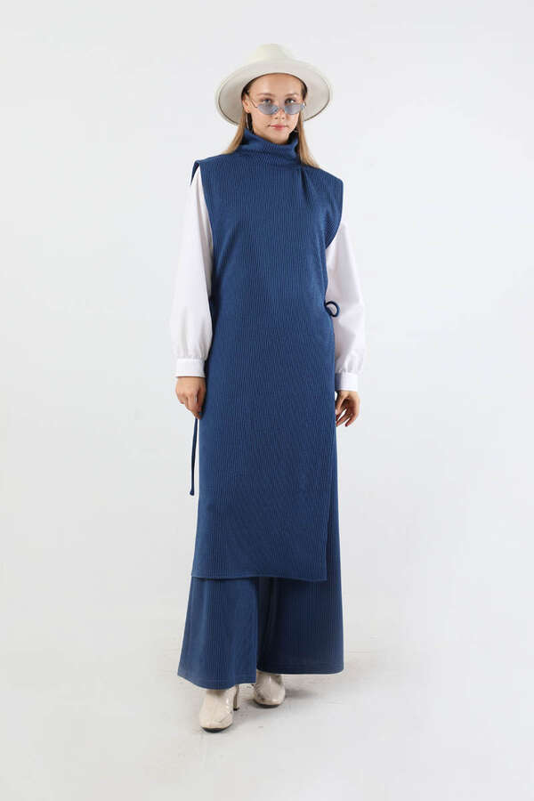 Boğazlı Triko Uzun Yelek Takım Lacivert - 3