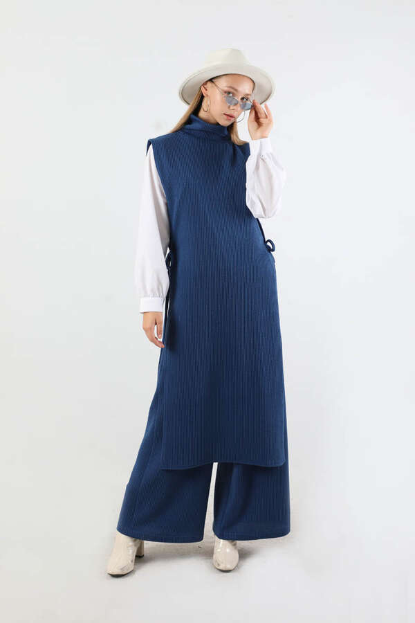 Boğazlı Triko Uzun Yelek Takım Lacivert - 1