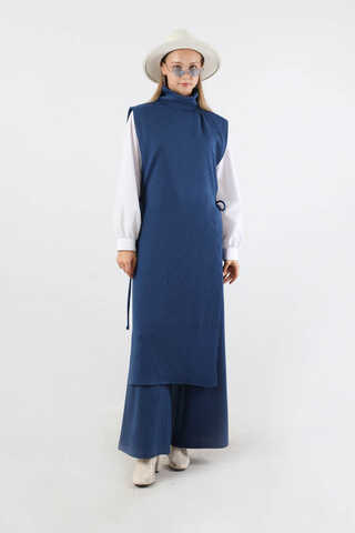 Boğazlı Triko Uzun Yelek Takım Lacivert - 3