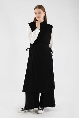 Boğazlı Triko Uzun Yelek Takım Siyah - 1