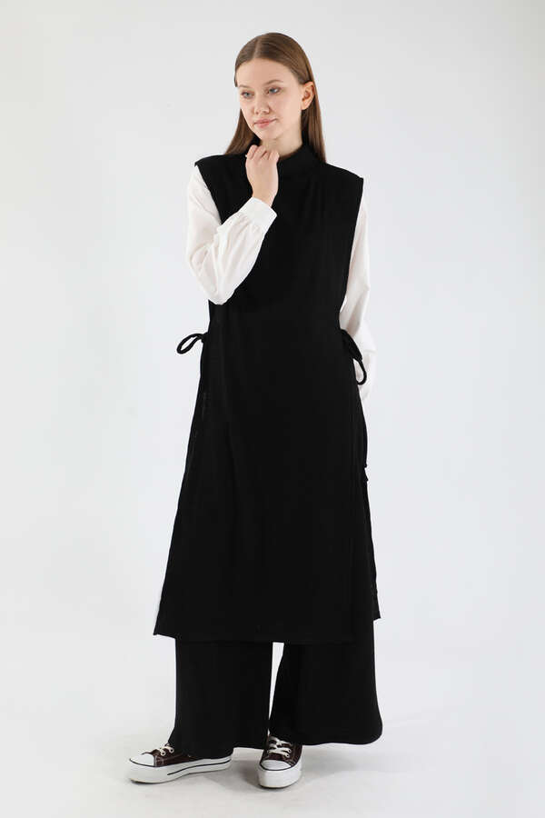 Boğazlı Triko Uzun Yelek Takım Siyah 