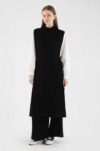 Boğazlı Triko Uzun Yelek Takım Siyah - 3