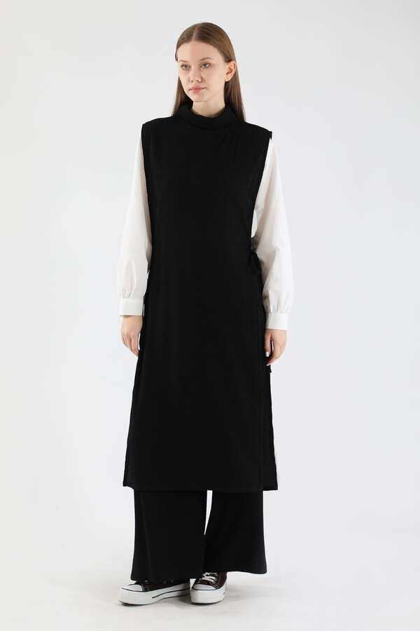 Boğazlı Triko Uzun Yelek Takım Siyah - 3