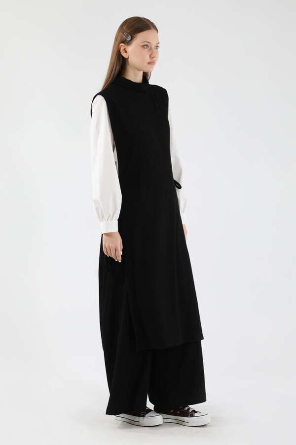 Boğazlı Triko Uzun Yelek Takım Siyah - 5