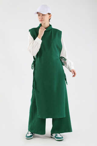 Boğazlı Triko Uzun Yelek Takım Yeşil - 1