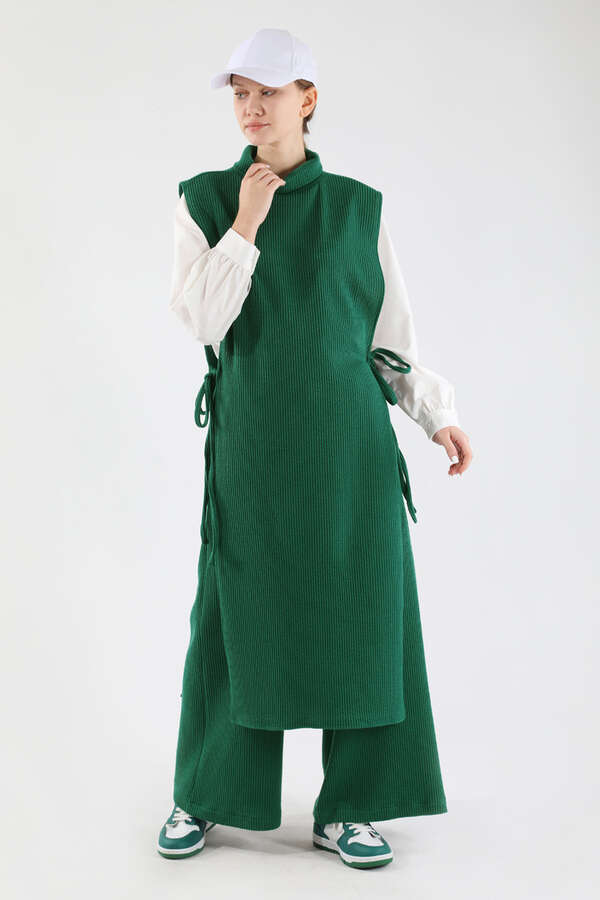 Boğazlı Triko Uzun Yelek Takım Yeşil - 1