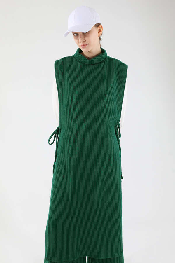 Boğazlı Triko Uzun Yelek Takım Yeşil - 2