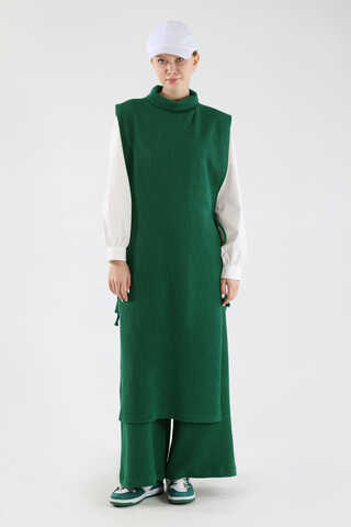 Boğazlı Triko Uzun Yelek Takım Yeşil - 3