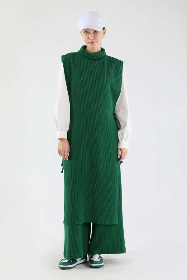 Boğazlı Triko Uzun Yelek Takım Yeşil - 3