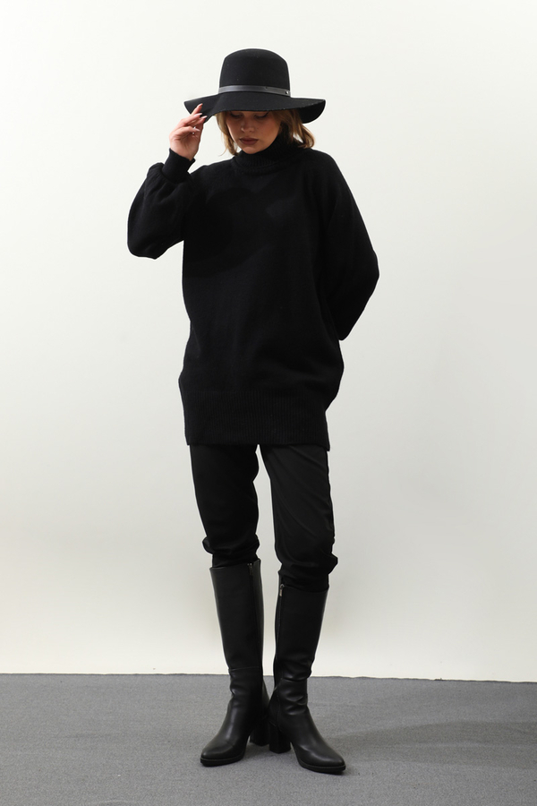 Boğazlı Tunik Kazak Siyah - 1