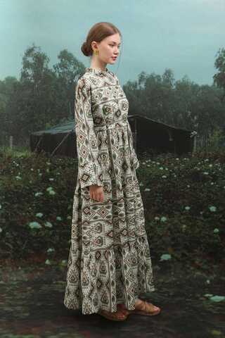 Bohem Desen Elbise Haki - 9