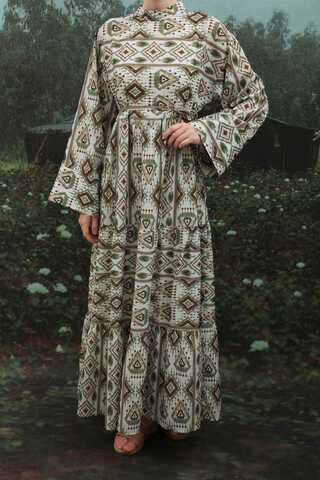 Bohem Desen Elbise Haki - 5