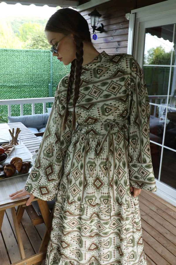 Bohem Desen Elbise Haki - 1