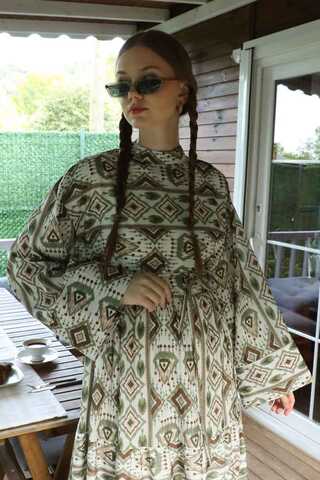 Bohem Desen Elbise Haki - 2