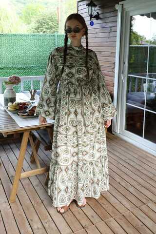 Bohem Desen Elbise Haki - 3