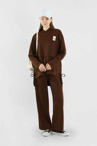 Bol Paça Kapüşonlu Sweat Takım Acı Kahve - 1